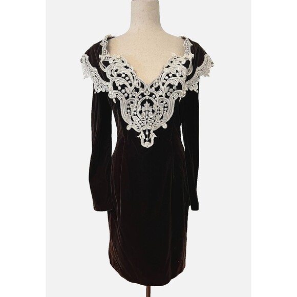 Vtg SCOTT McCLINTOCK Brown Velvet Dress Size 8 Gown Off-Shoulder Lace Applique - Picture 1 of 12